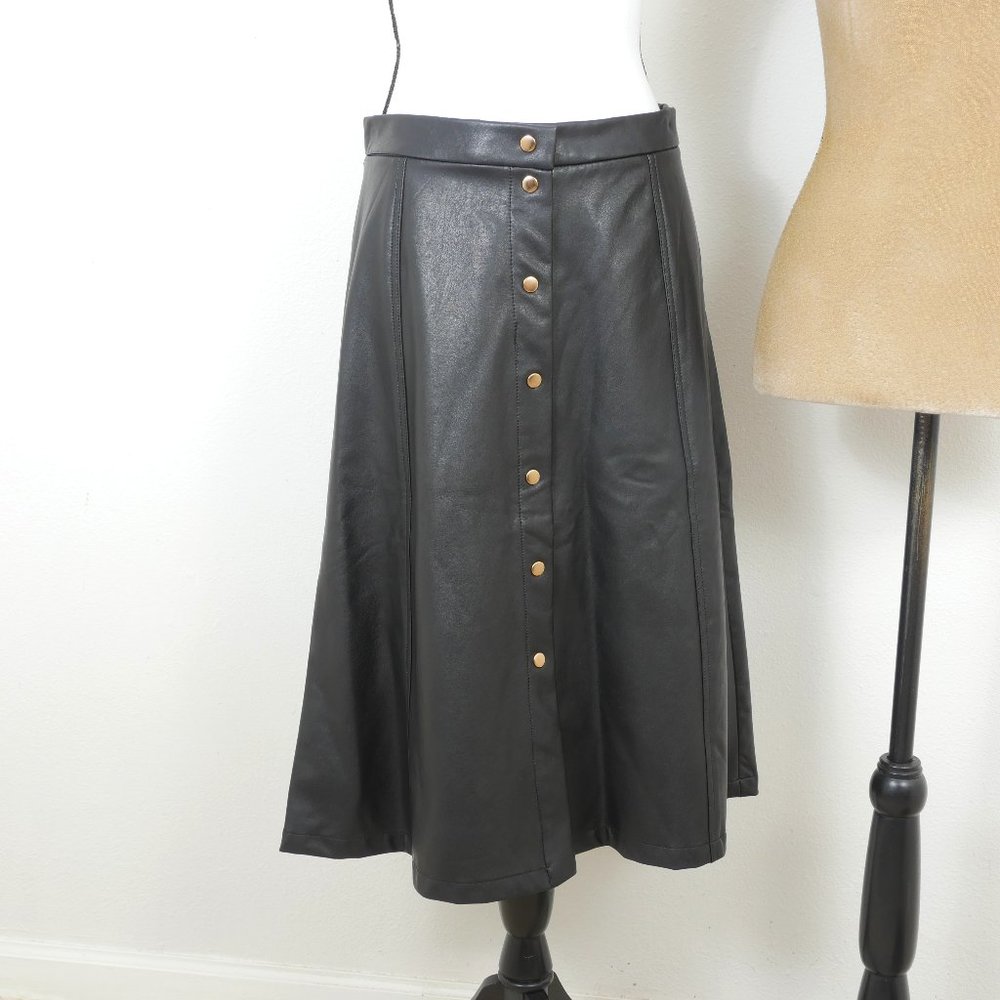 Carolina Belle Montreal Black Faux Leather Snap Front A Line SZ 10 Skirt NWT - Picture 1 of 7